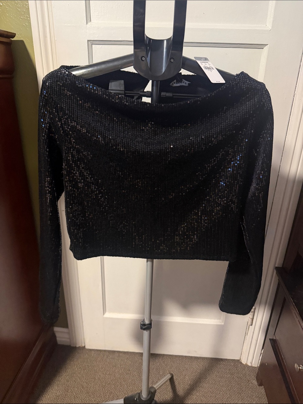 Express Black Sequin Long Sleeve Cropped Top